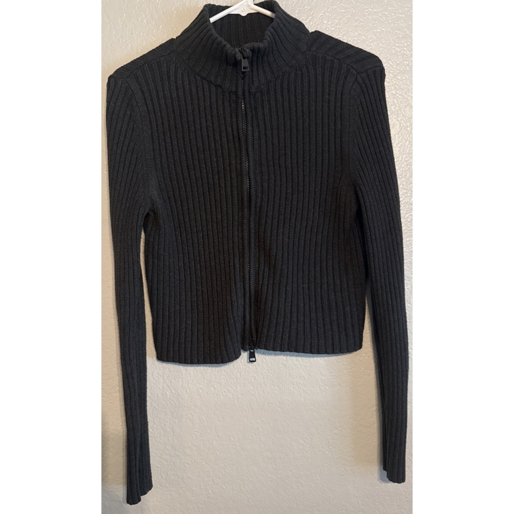 American Eagle Blue Ribbed Full Zip Sweater Jacket Mock Neck Cropped Knit L